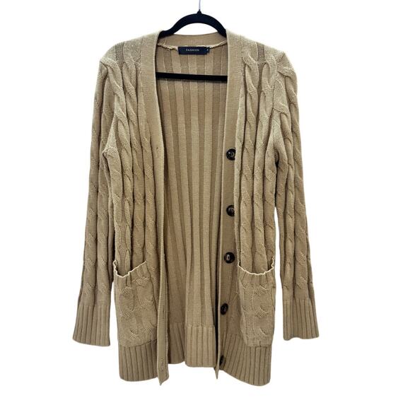 Tan Cable Knit Button Front Cardigan Sweater Longline Pockets Women’s Small - Picture 1 of 4